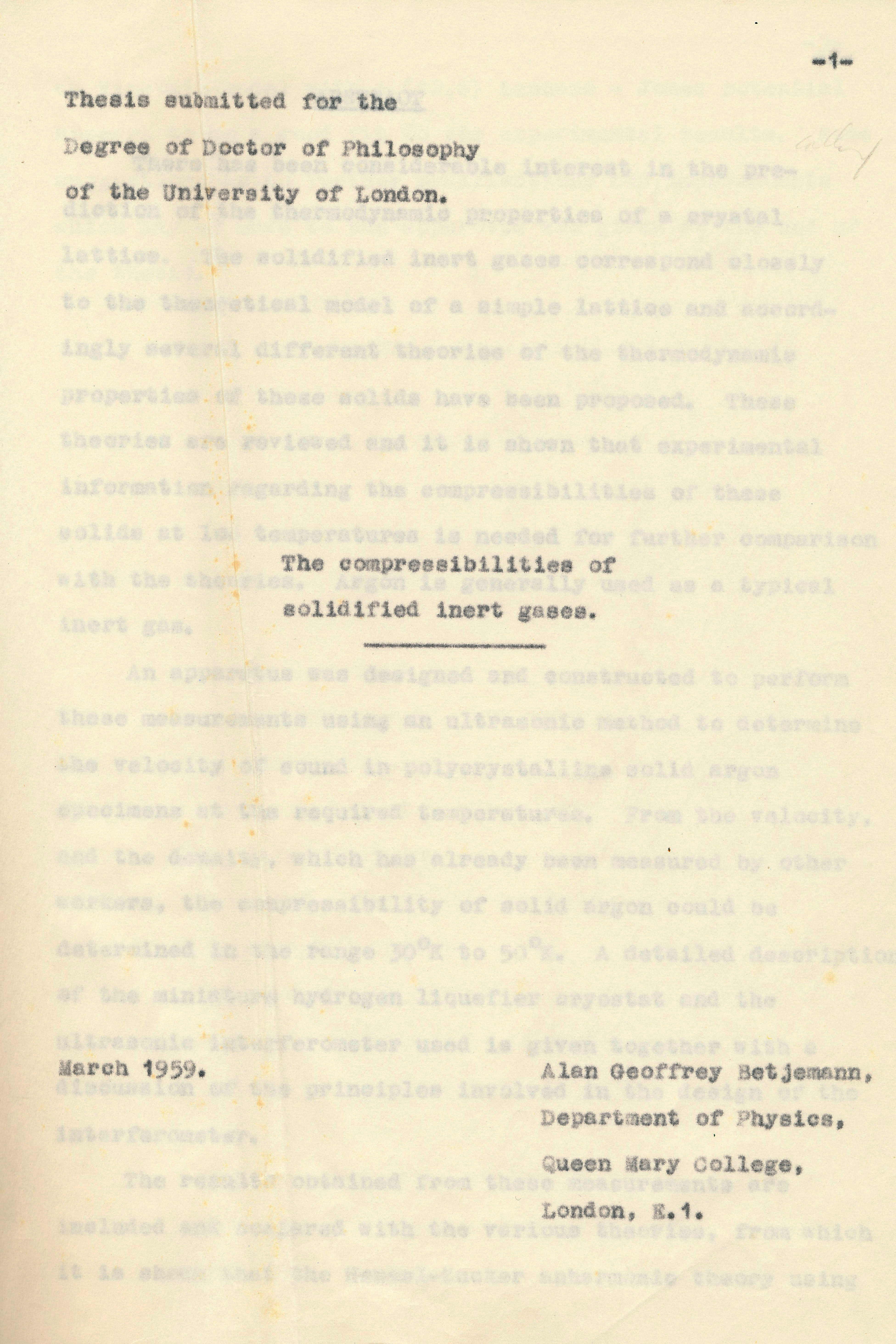 Thesis front page - The compressibilities of solidified inert gases